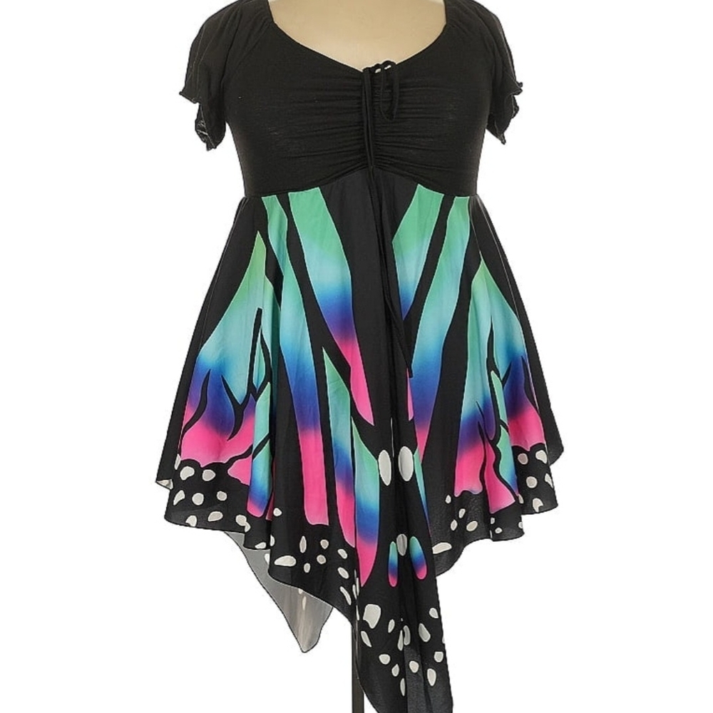 Asymmetrical Black and Multicolor Butterfly Dress - Picture 8 of 11
